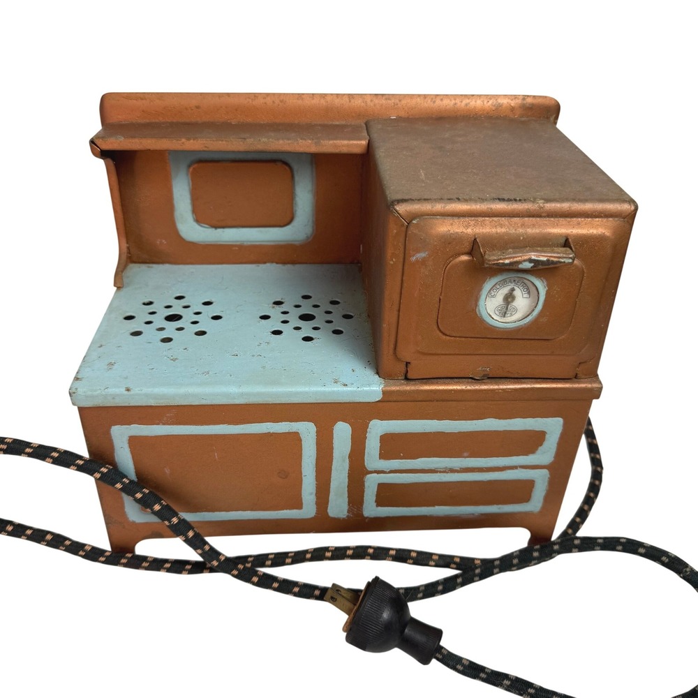 Antique Girard Electric Toy Stove Copper Blue Metal Oven Original Cord 1930s